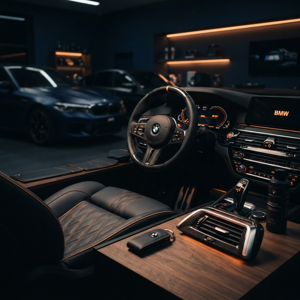 Premium car accessories including LED lights and alloy wheels