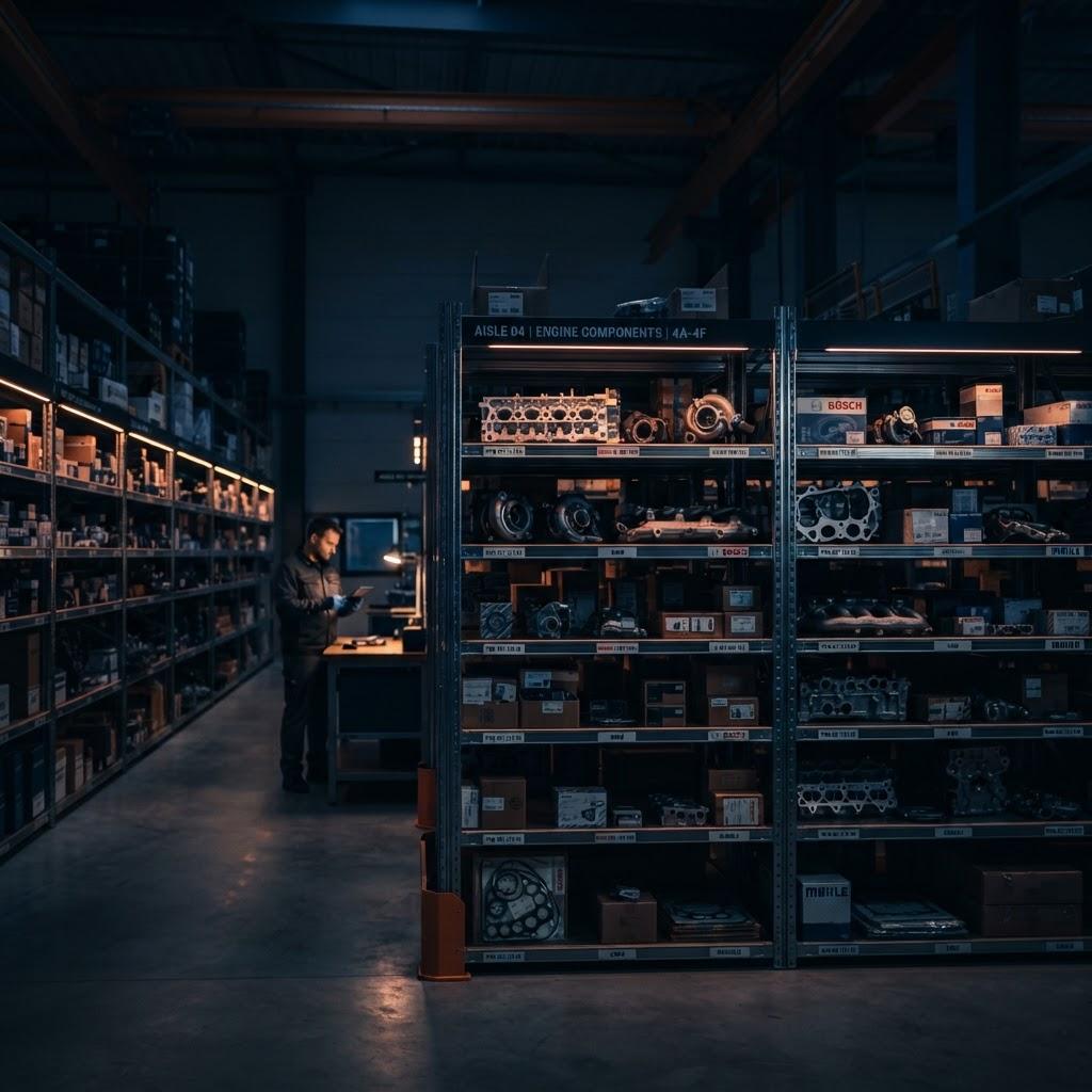 Modern warehouse stocked with organized automotive parts ready for dispatch
