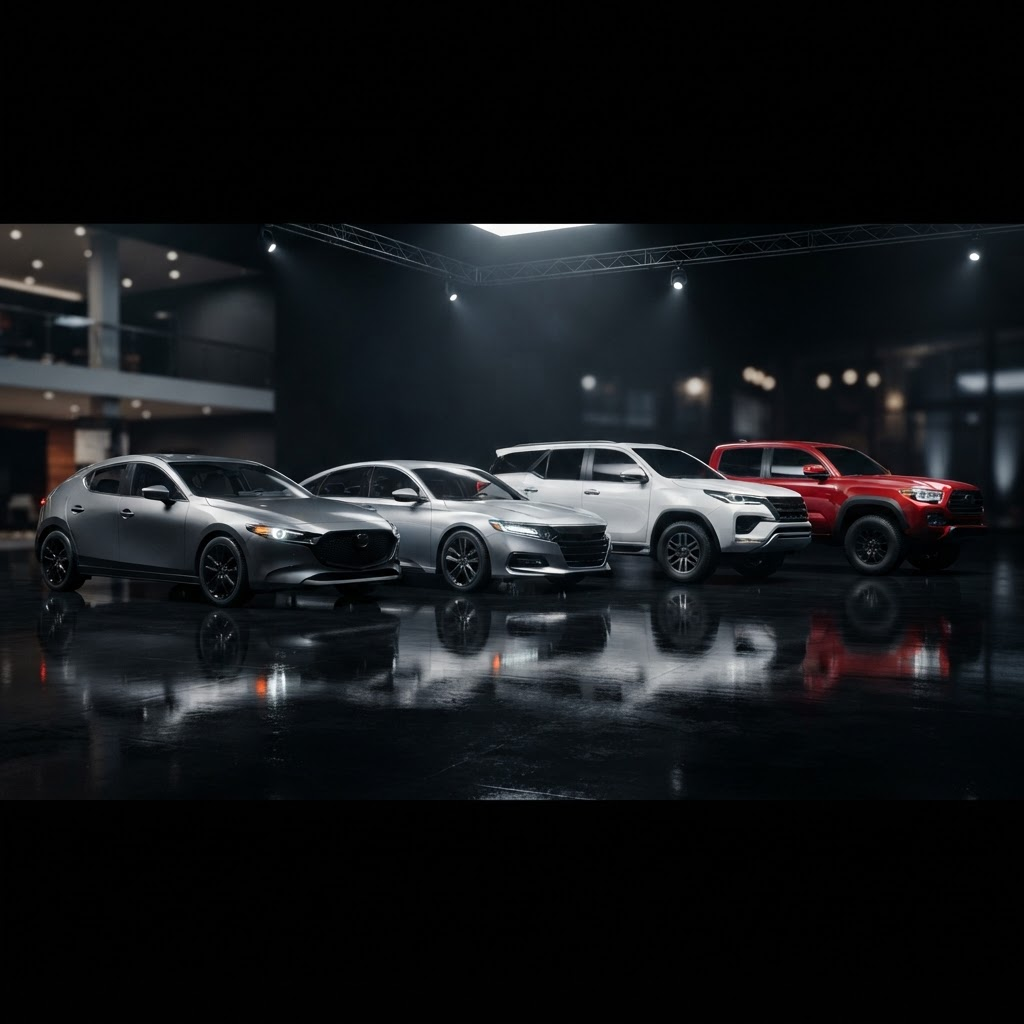 Lineup of modern vehicles: hatchback, sedan, SUV and pickup